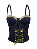 Fashionable Denim Lace-Up Drawstring Fishbone Corset Lace Camisole Versatile Slim-Fit Flattering Backless Top With Chest Pads For Outerwear