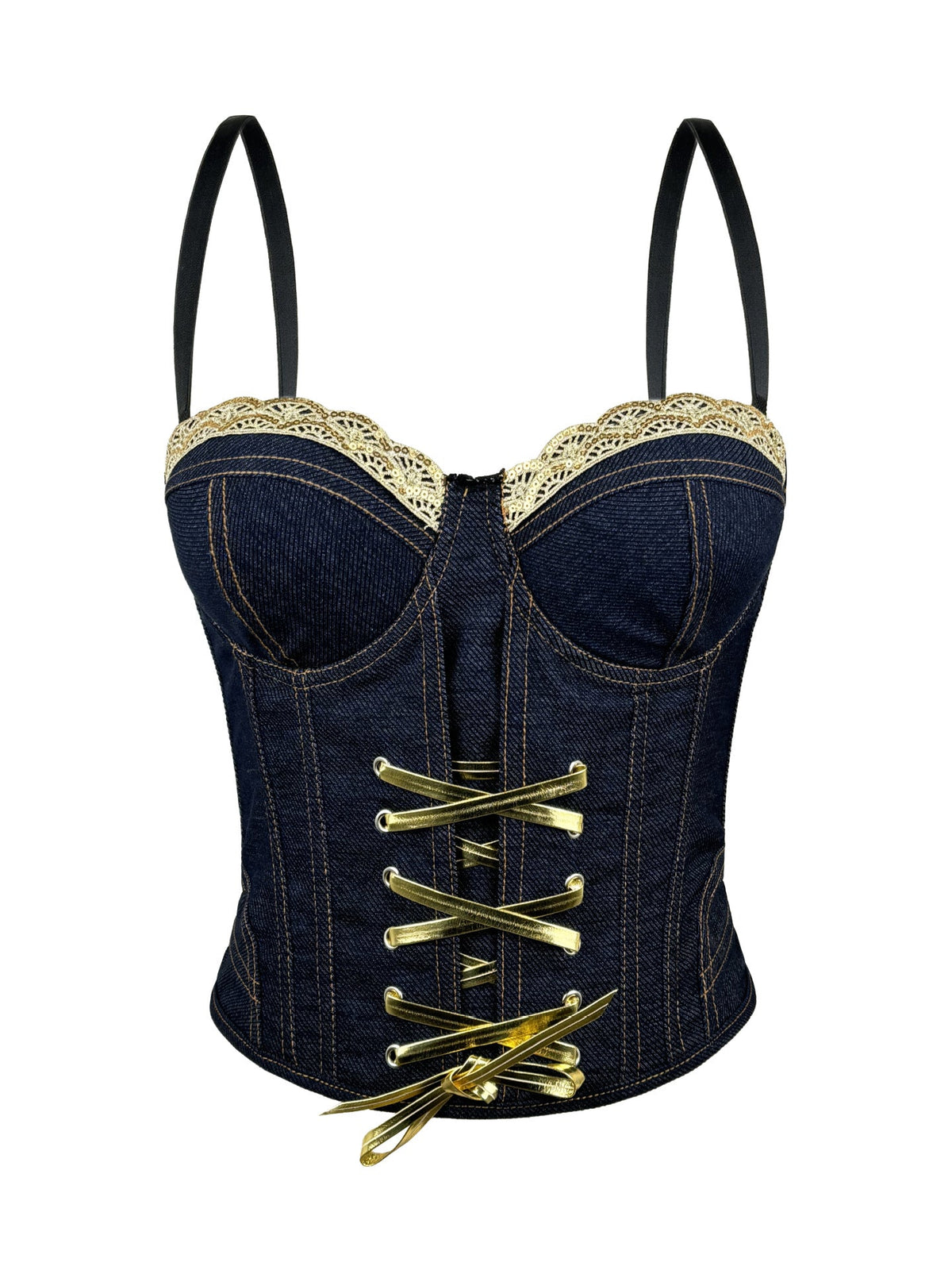 Fashionable Denim Lace-Up Drawstring Fishbone Corset Lace Camisole Versatile Slim-Fit Flattering Backless Top With Chest Pads For Outerwear