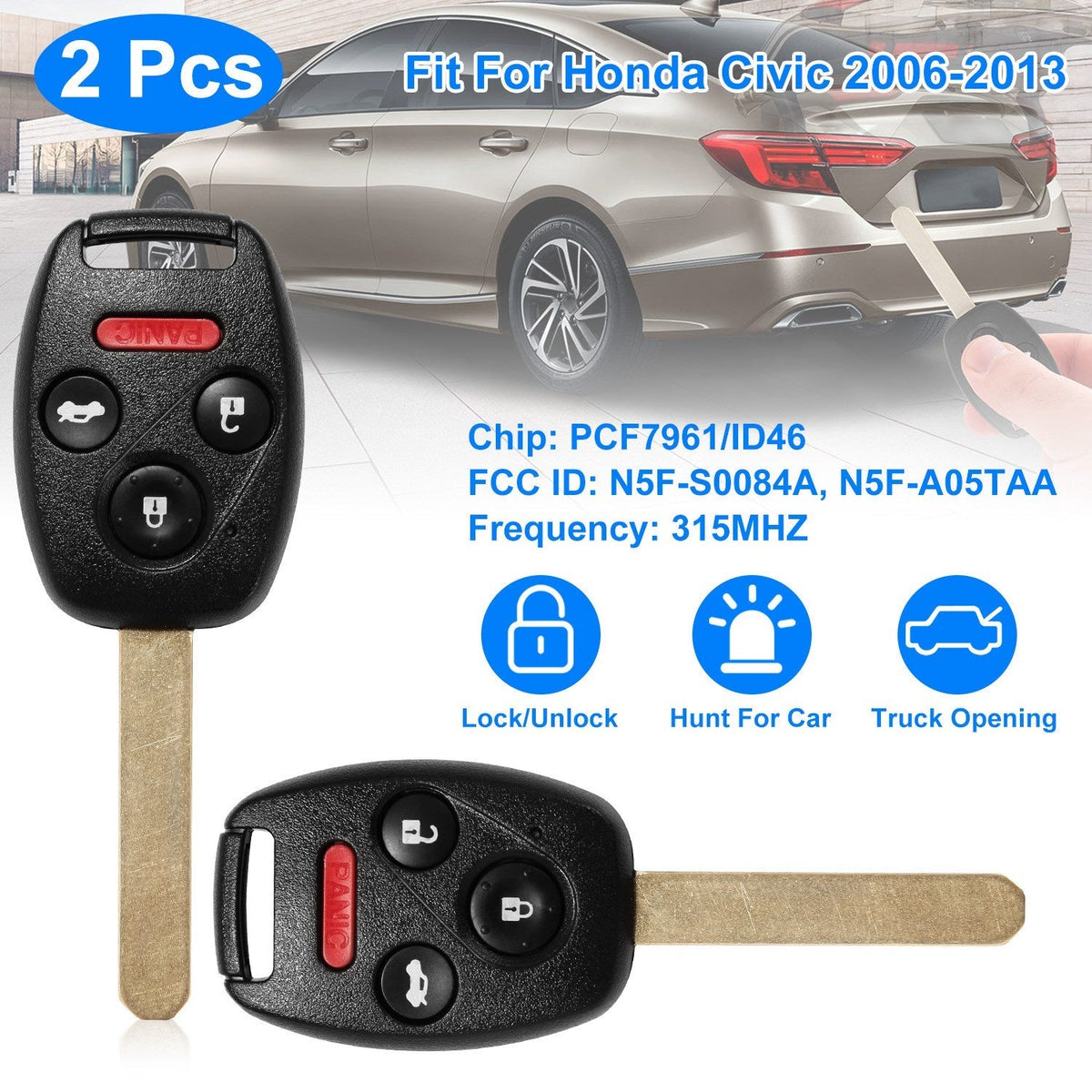 2Pcs Fit For Honda Civic 2006-2013 Remote Keyless Entry Shell Button Car Key _x000B__x000B_Fob Uncut Key Cover Case N5F-S0084A N5F-A05TAA