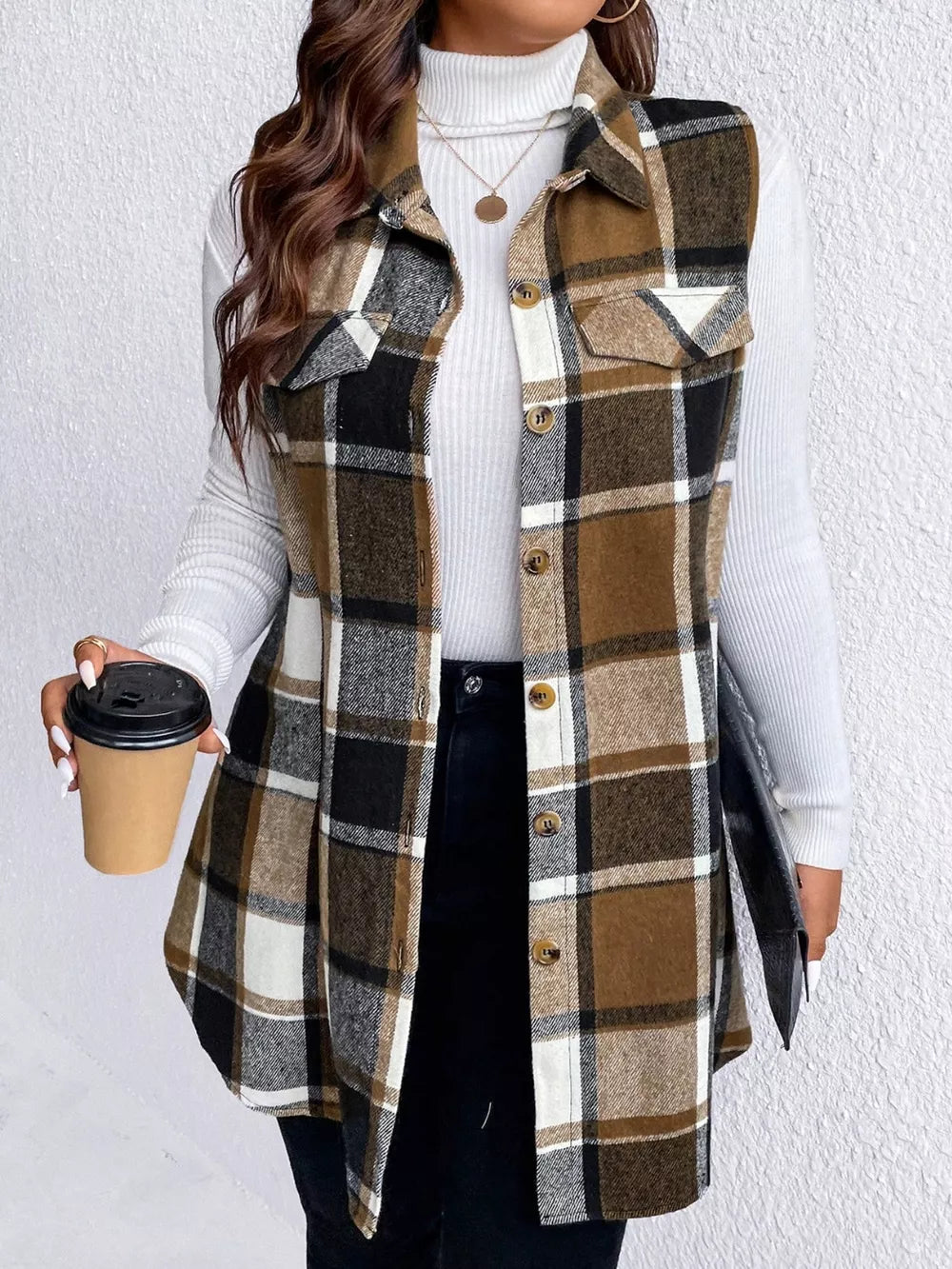 Pocketed Plaid Button Up Vest Coat