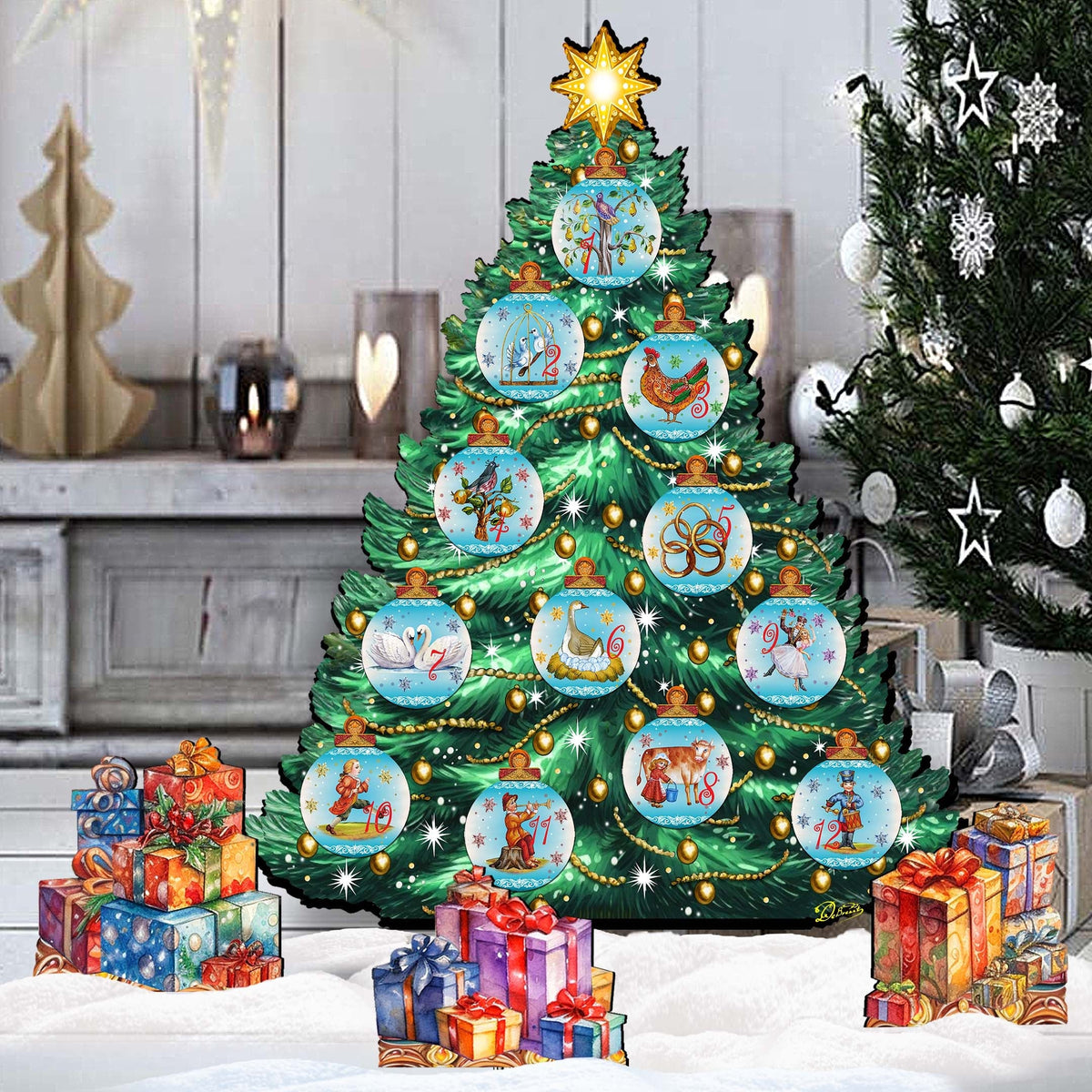 Twelve Days-Themed Christmas Tree Outdoor Indoor Decor Wooden Christmas Decoration by G. Debrekht Christmas Decor - 8191502F-G-S12