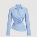 Womens Blue And White Vertical-striped Asymmetrical Long-sleeve Shirt