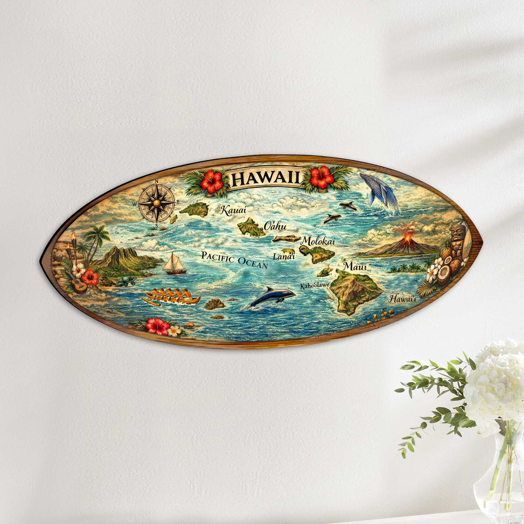Hawaiian Islands Surfboard Wall Art – Handcrafted Coastal Wooden Decor by G.DeBrekht – Beach House Ocean Decor – 8490160HS
