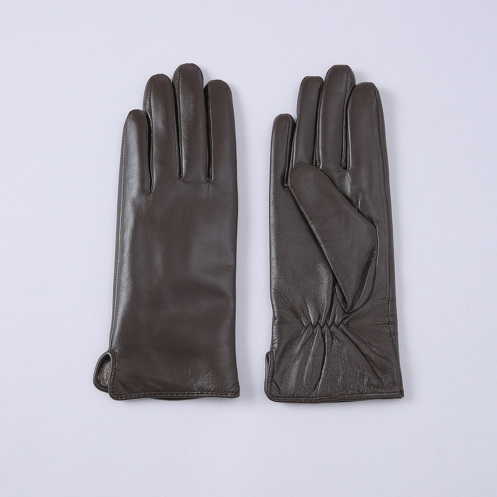 Womens Solid-Color Fleece-Lined Thermal Leather Gloves