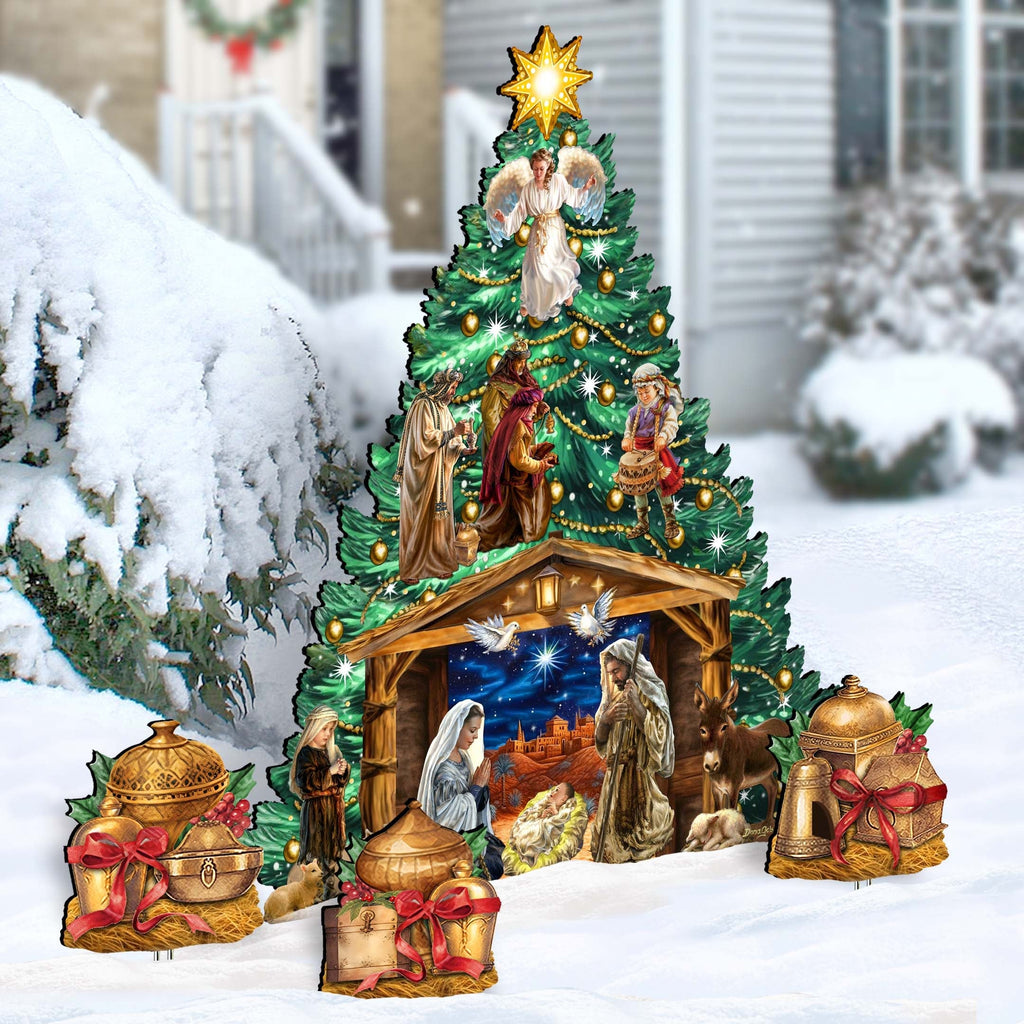 Nativity-Themed Christmas Tree Set Outdoor Indoor Decor Wooden Christmas Decoration by D. Gelsinger Christmas Decor - 8191503F-DG-G