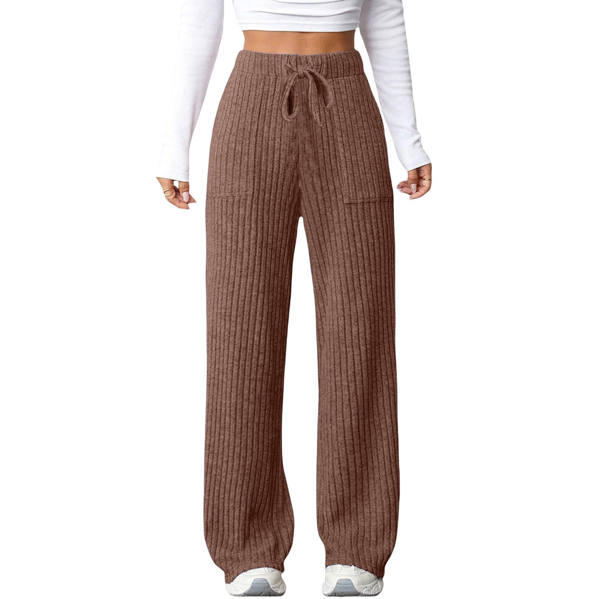 Women's Solid-Color Ribbed Pocket Casual Pants