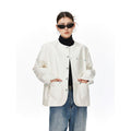 Womens Black Alligator-Print Collarless Leather Jacket