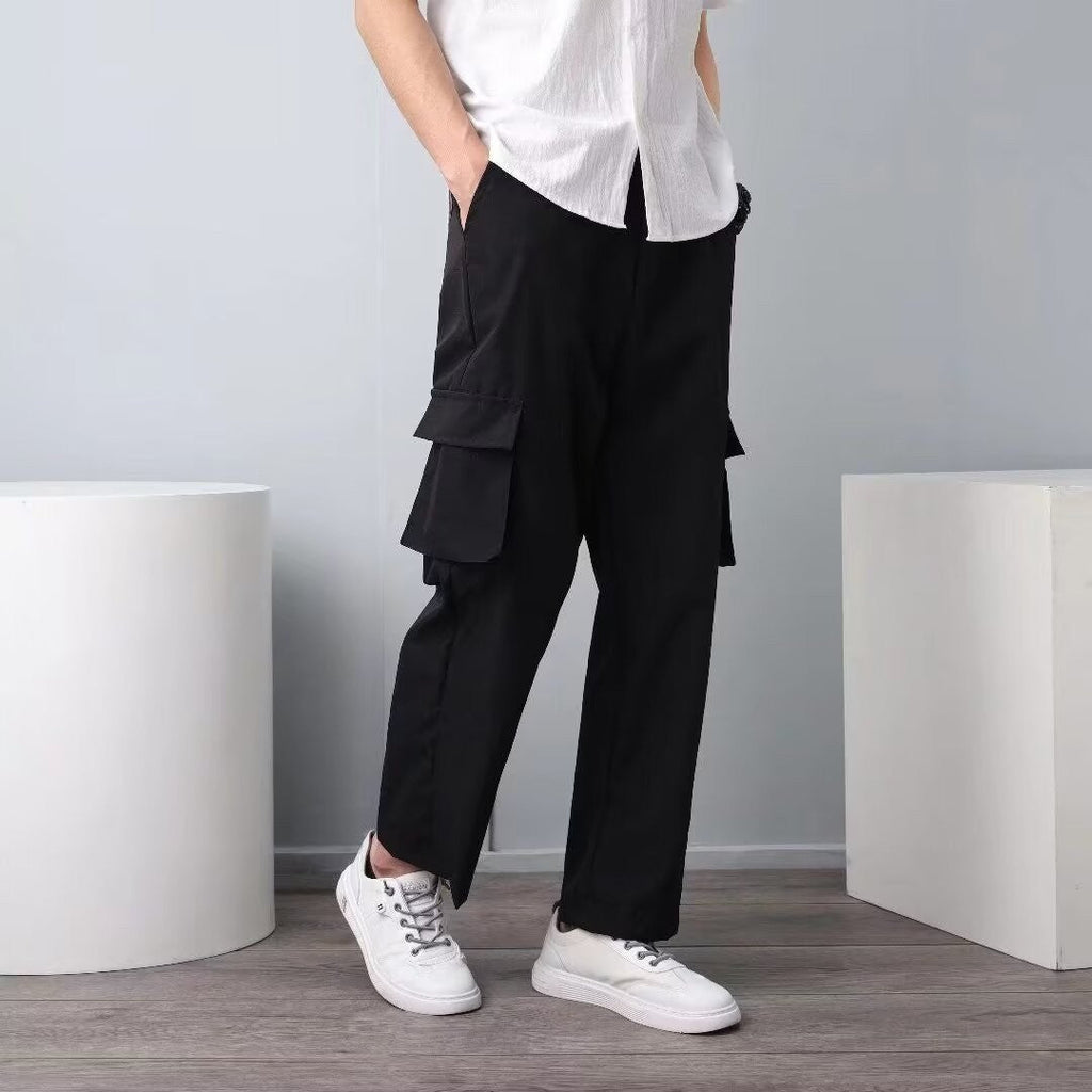 Coil Pants Cropped Pants Straight Trendy Fashion Casual Spring And Autumn Solid Color Casual Pants Men's Pocket Decorative Youth Popular