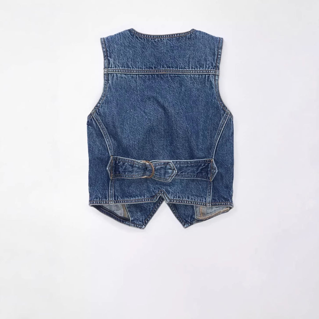 Womens Sleeveless V-Neck Top Denim Vest Petite Waistcoat
