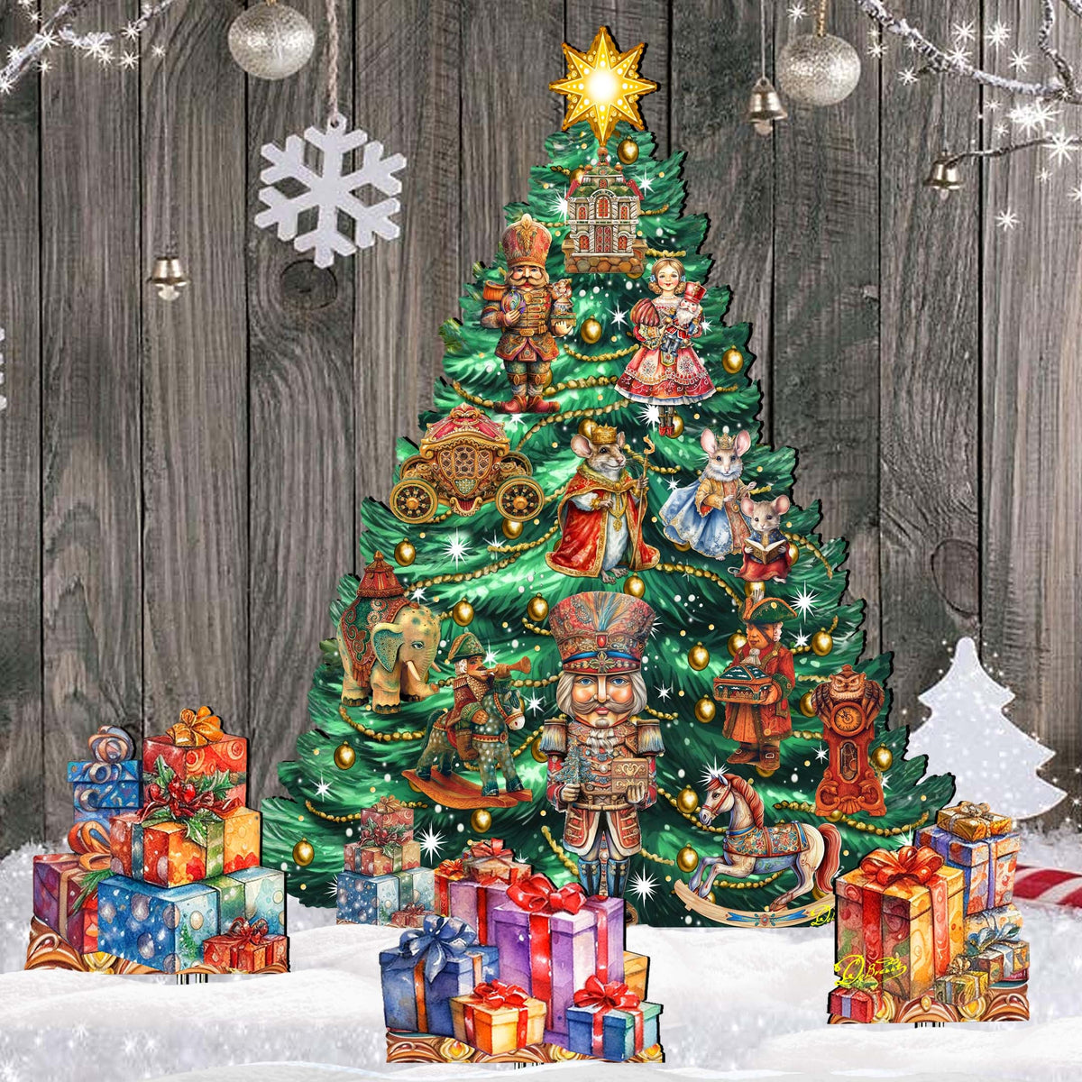 Nutcracker-Themed Christmas Tree Set Outdoor Indoor Décor Wooden Christmas Decoration by G. Debrekht Christmas Décor - 8191501F-G