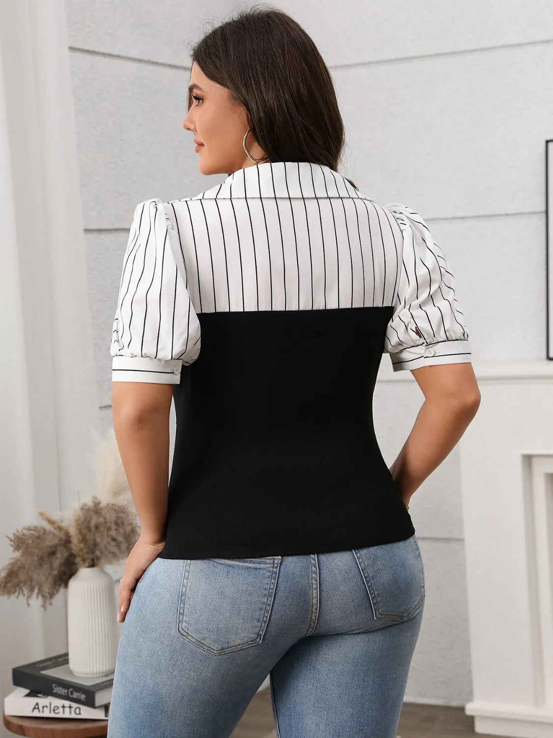 Striped Johnny Collar Short Sleeve Blouse