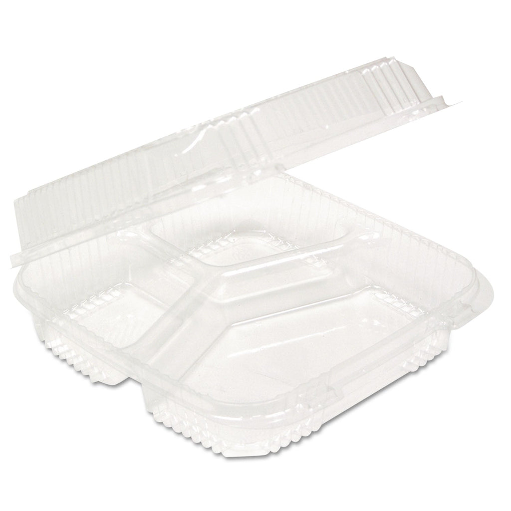 Pactiv Evergreen ClearView SmartLock Hinged Lid Container, 3-Compartment, 5 oz/14 oz, 8.2 x 8.34 x 2,91, Clear, Plastic, 200/Carton