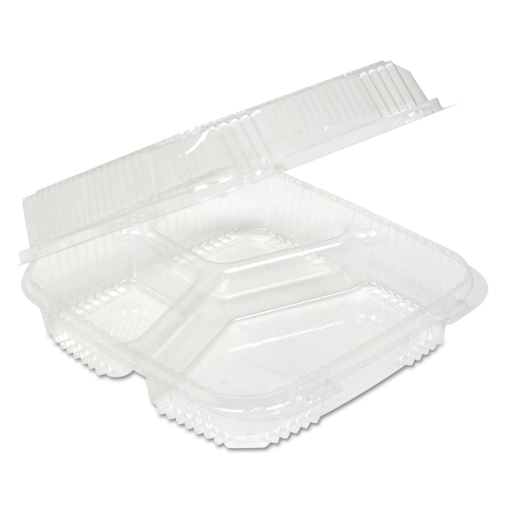 Pactiv Evergreen ClearView SmartLock Hinged Lid Container, 3-Compartment, 5 oz/14 oz, 8.2 x 8.34 x 2,91, Clear, Plastic, 200/Carton