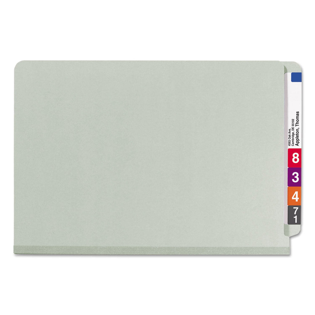 Smead End Tab Pressboard Classification Folders with SafeSHIELD Coated Fasteners, 2 Dividers, Legal Size, Gray-Green, 10/Box