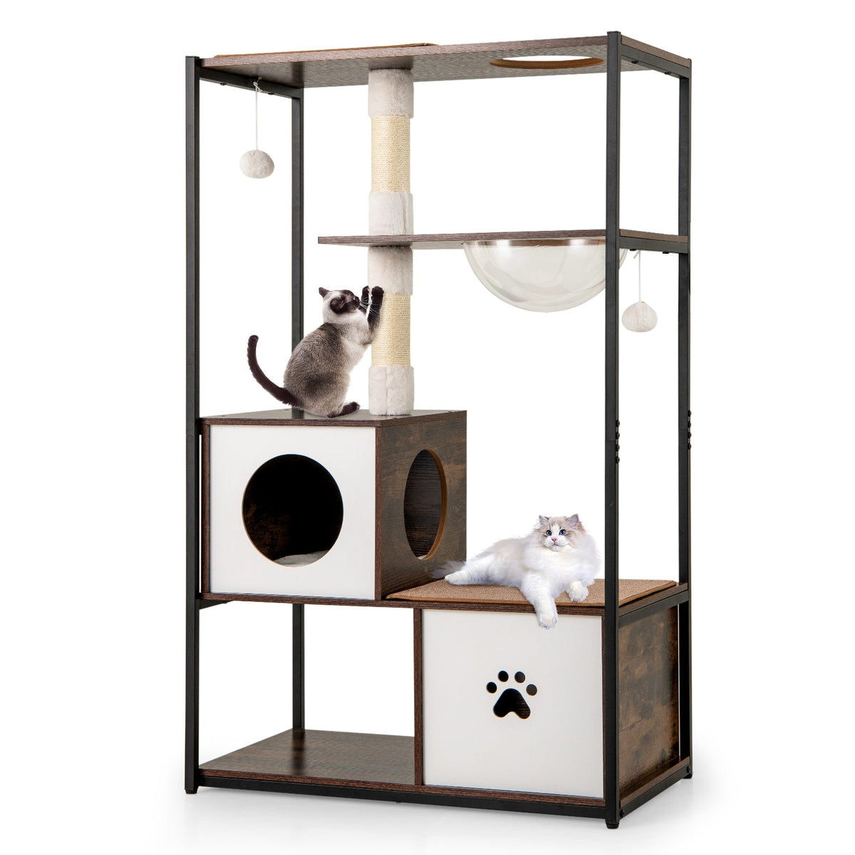 52 Inch Tall Wooden Cat Tree Metal Frame with 2 Condos and Cushions-Coffee