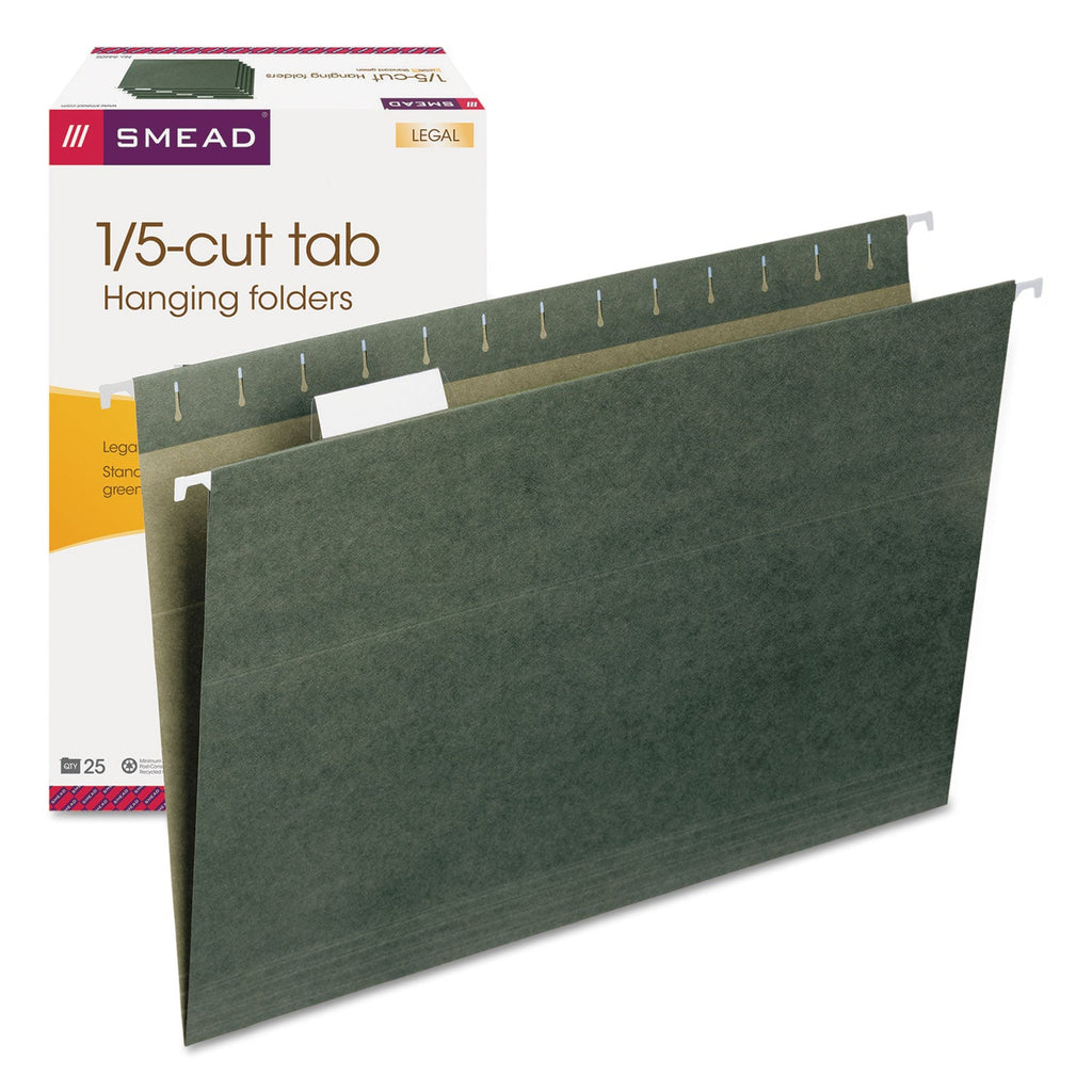 Smead Hanging Folders, Legal Size, 1/5-Cut Tabs, Standard Green, 25/Box