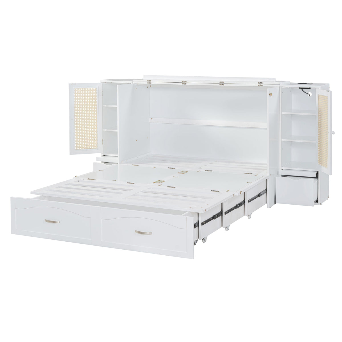 Large Murphy bed wall mounted bed with drawers, 2 storage cabinets, 1 set of sockets and USB ports, white