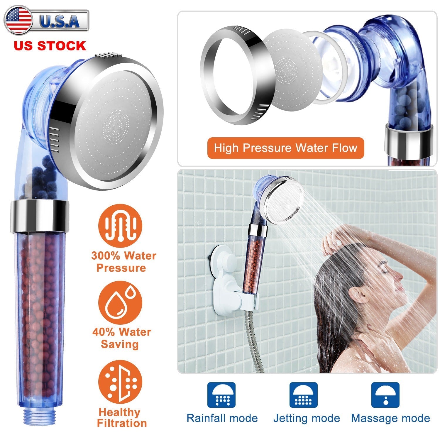Ionic Filtration Shower Head High Pressure 3 Mode Stone Water Saving Bath Handheld Shower