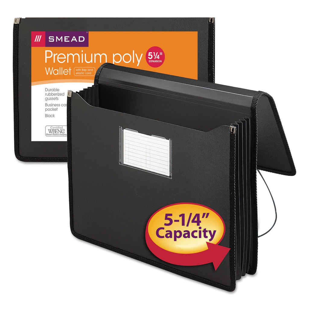 Smead Poly Premium Wallets, 5.25" Expansion, 1 Section, Elastic Cord Closure, Letter Size, Black