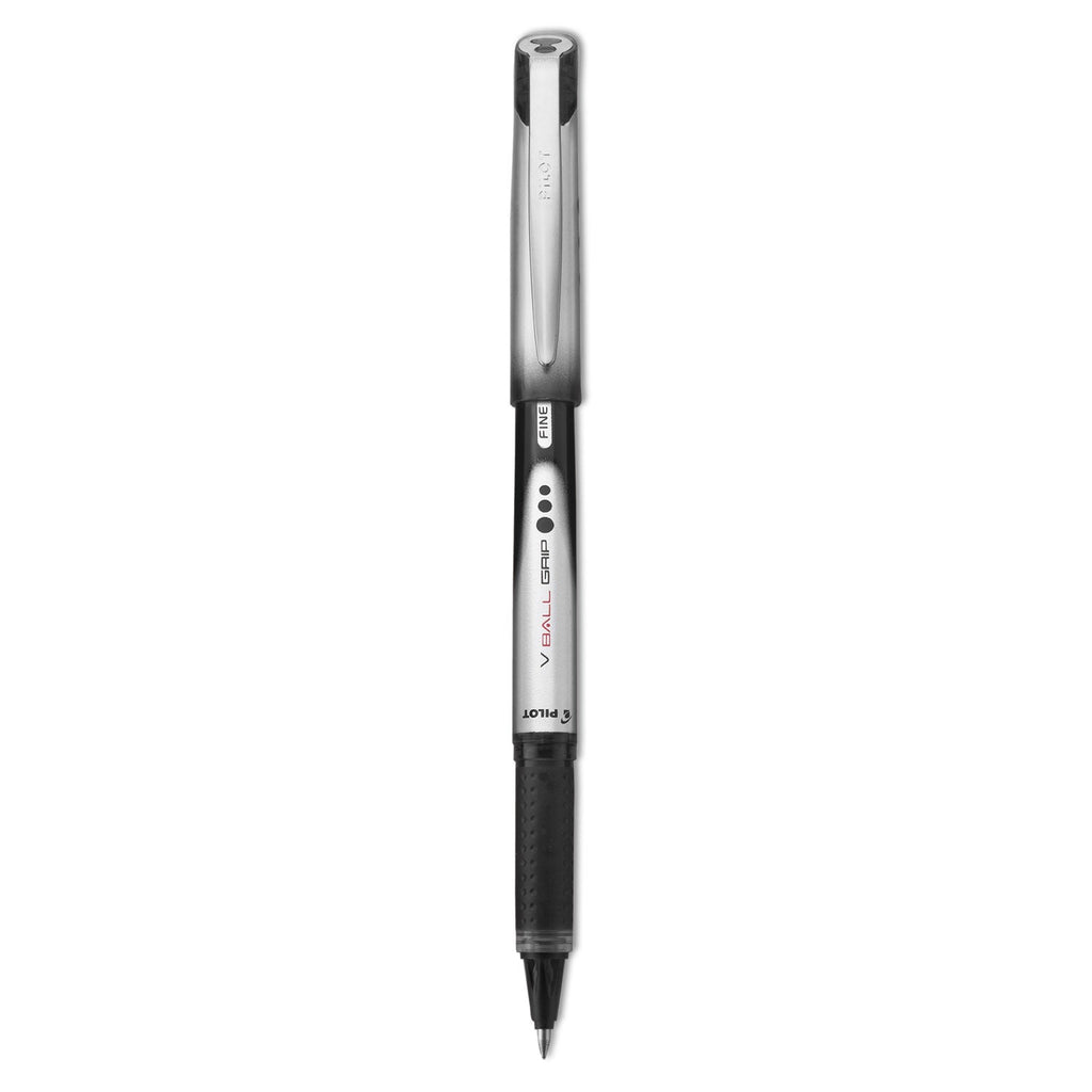 Pilot VBall Grip Liquid Ink Roller Ball Pen, Stick, Fine 0.7 mm, Black Ink, Black/Silver Barrel, Dozen
