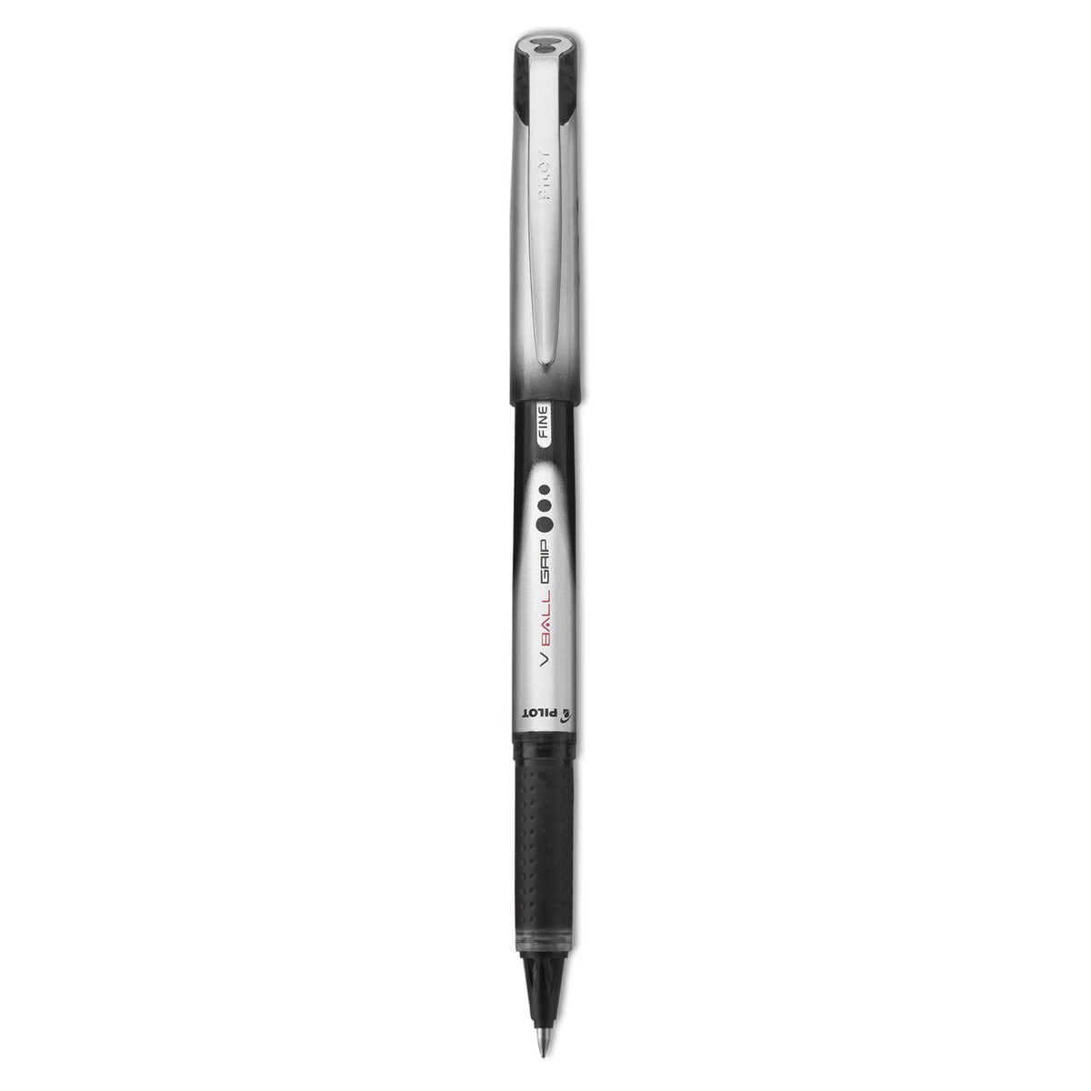 Pilot VBall Grip Liquid Ink Roller Ball Pen, Stick, Fine 0.7 mm, Black Ink, Black/Silver Barrel, Dozen
