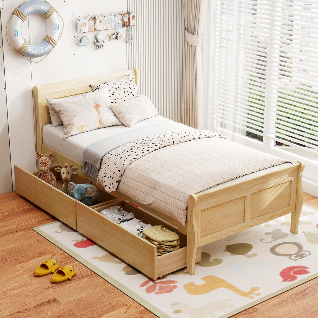 Twin Size Sleigh Bed with 2 Storage Drawers Wood Platform Bed Frame
