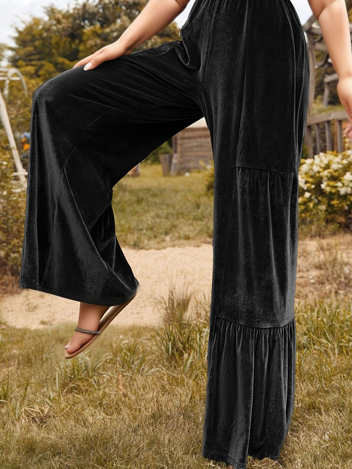 Velvet Ruffle Hem Wide Leg Pants