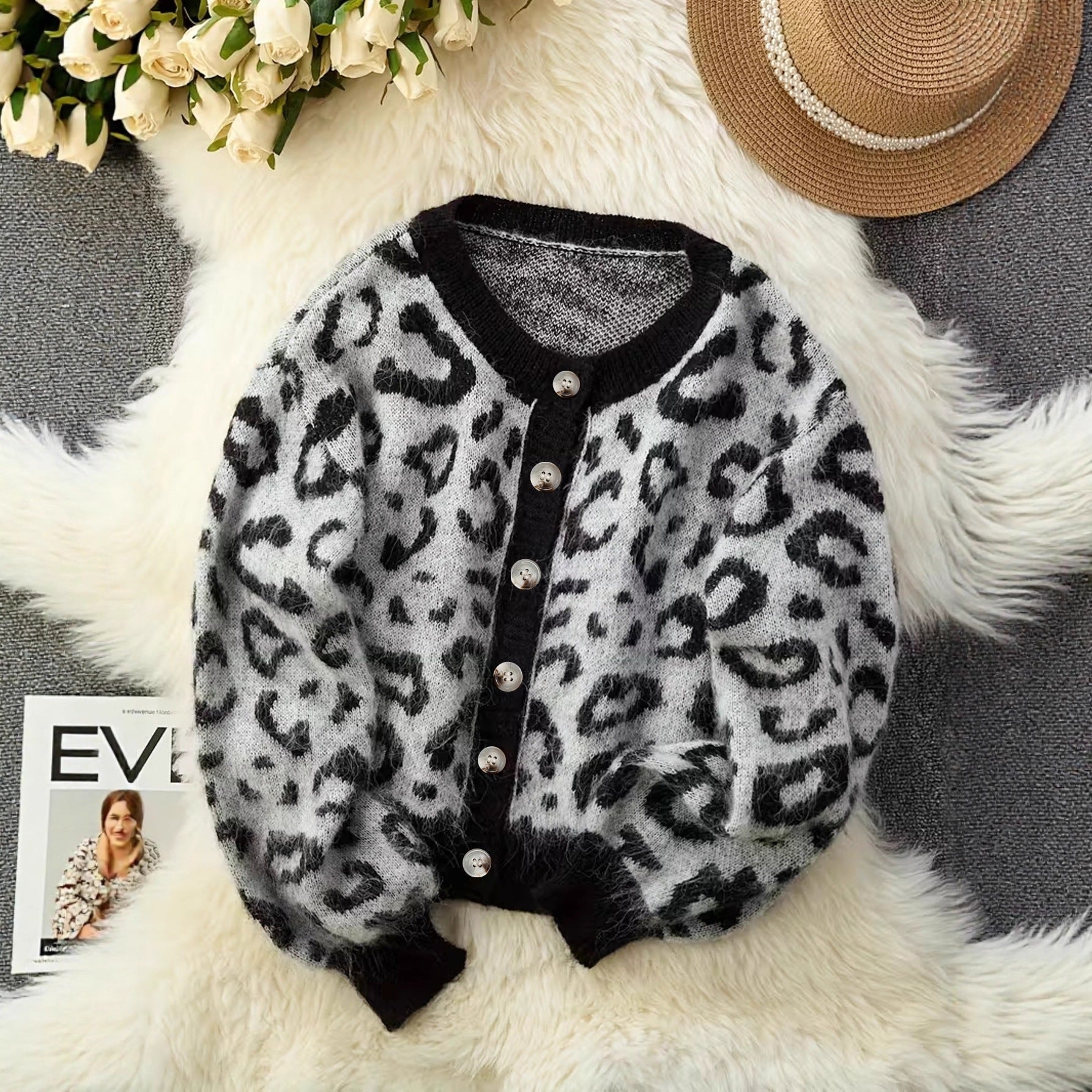 Casual Stylish Retro Leopard-print Contrast-color Jacquard Sweater