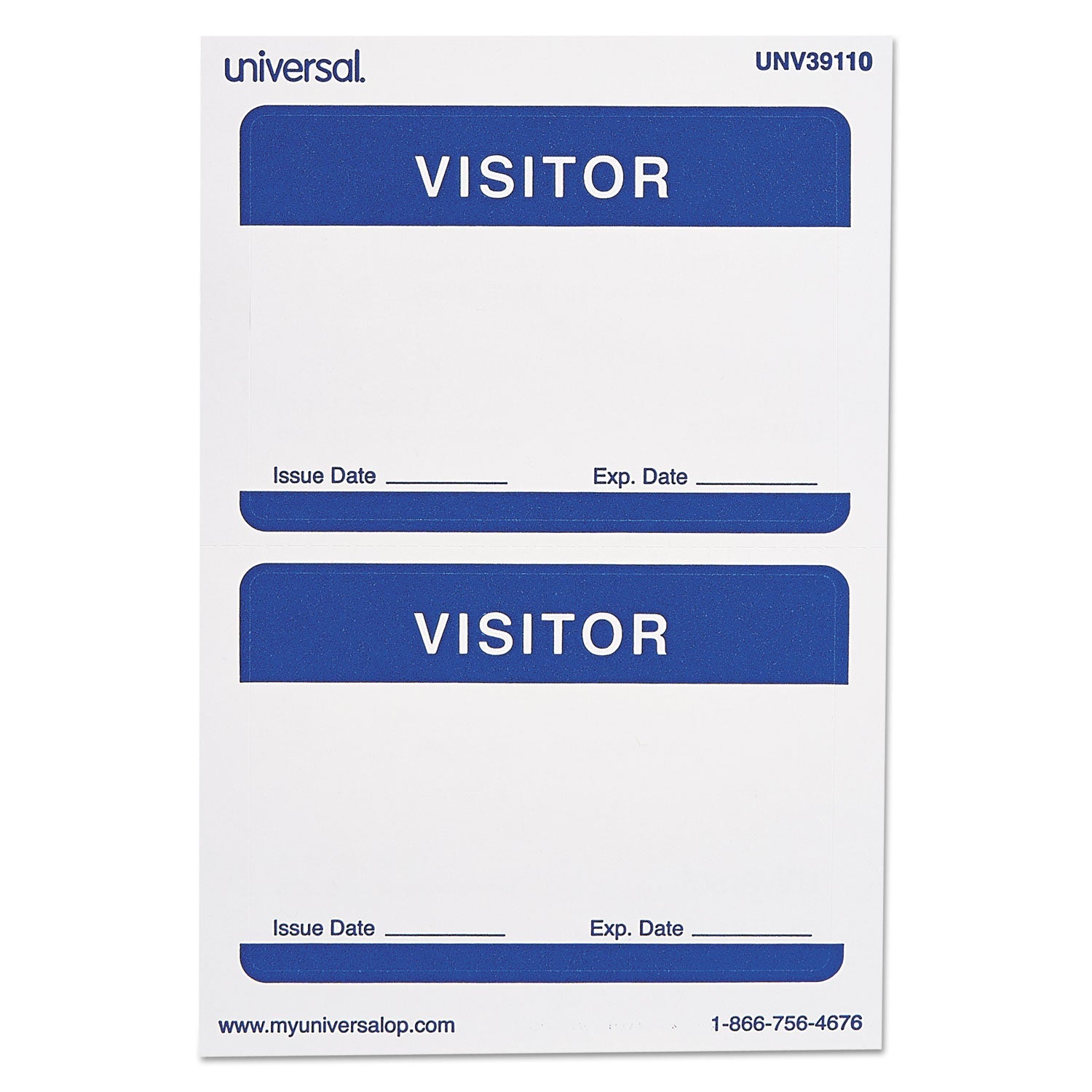 Universal "Visitor" Self-Adhesive Name Badges, 3 1/2 x 2 1/4, White/Blue, 100/Pack