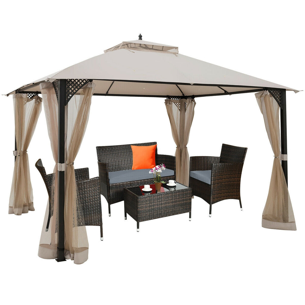 12 x 10 Feet Outdoor Double Top Patio Gazebo with Netting-Brown