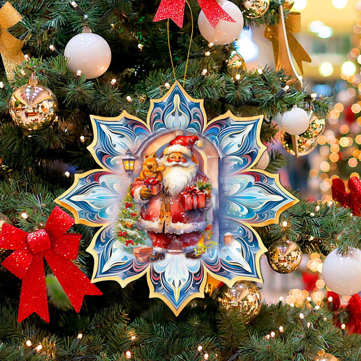 Santa with Gifts Snowflake Large Wooden Ornament by G. Debrekht - Christmas Santa Snowman Decor - 8688421M