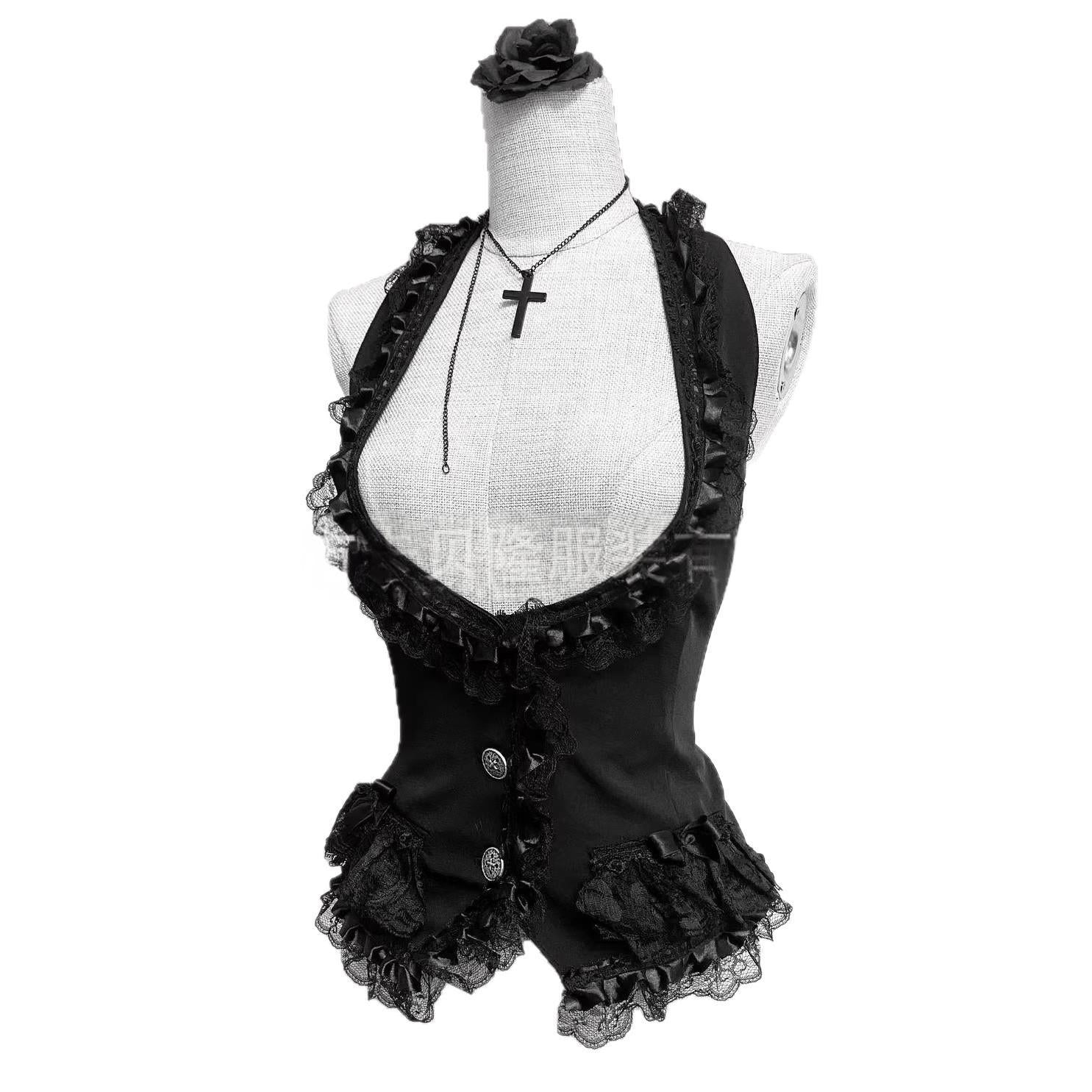 Dark Gothic-style Black Lace Halter Vest For Women