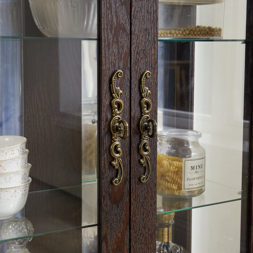Dual door Curio cabinet with tempered glass mirror back panel and adjustable shelf display cabinet with light bulbs cherry color