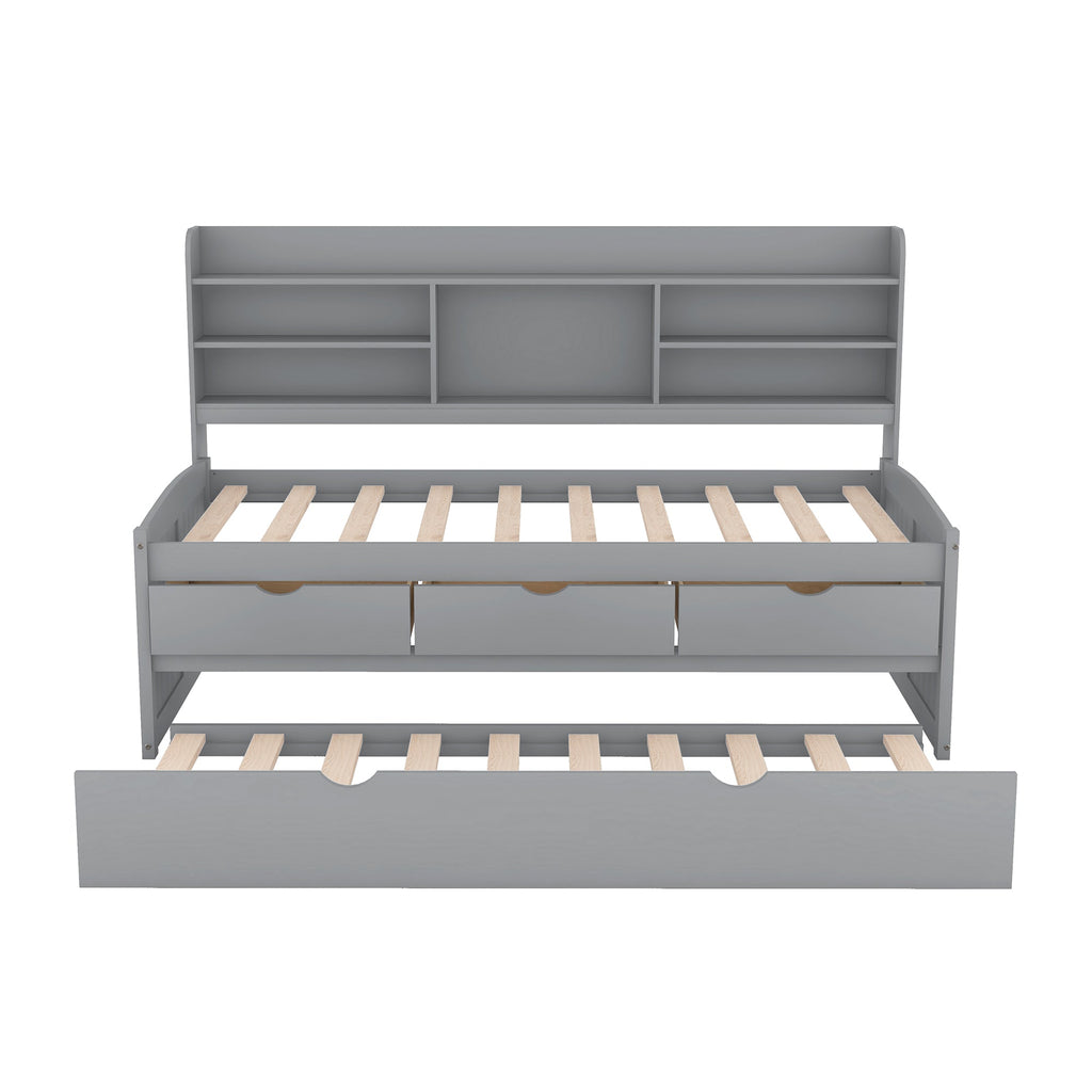 Twin Size Wooden Captain Bed with Built-in Bookshelves,Three Storage Drawers and Trundle Light Grey
