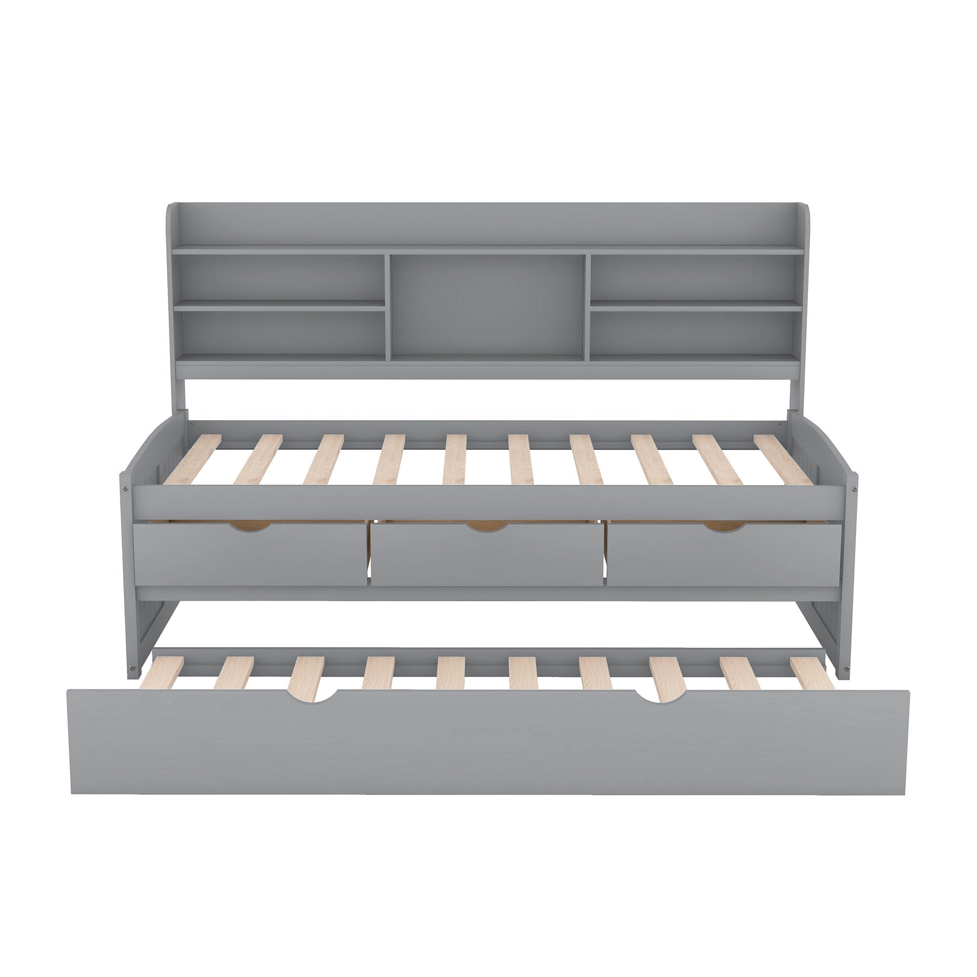Twin Size Wooden Captain Bed with Built-in Bookshelves,Three Storage Drawers and Trundle Light Grey