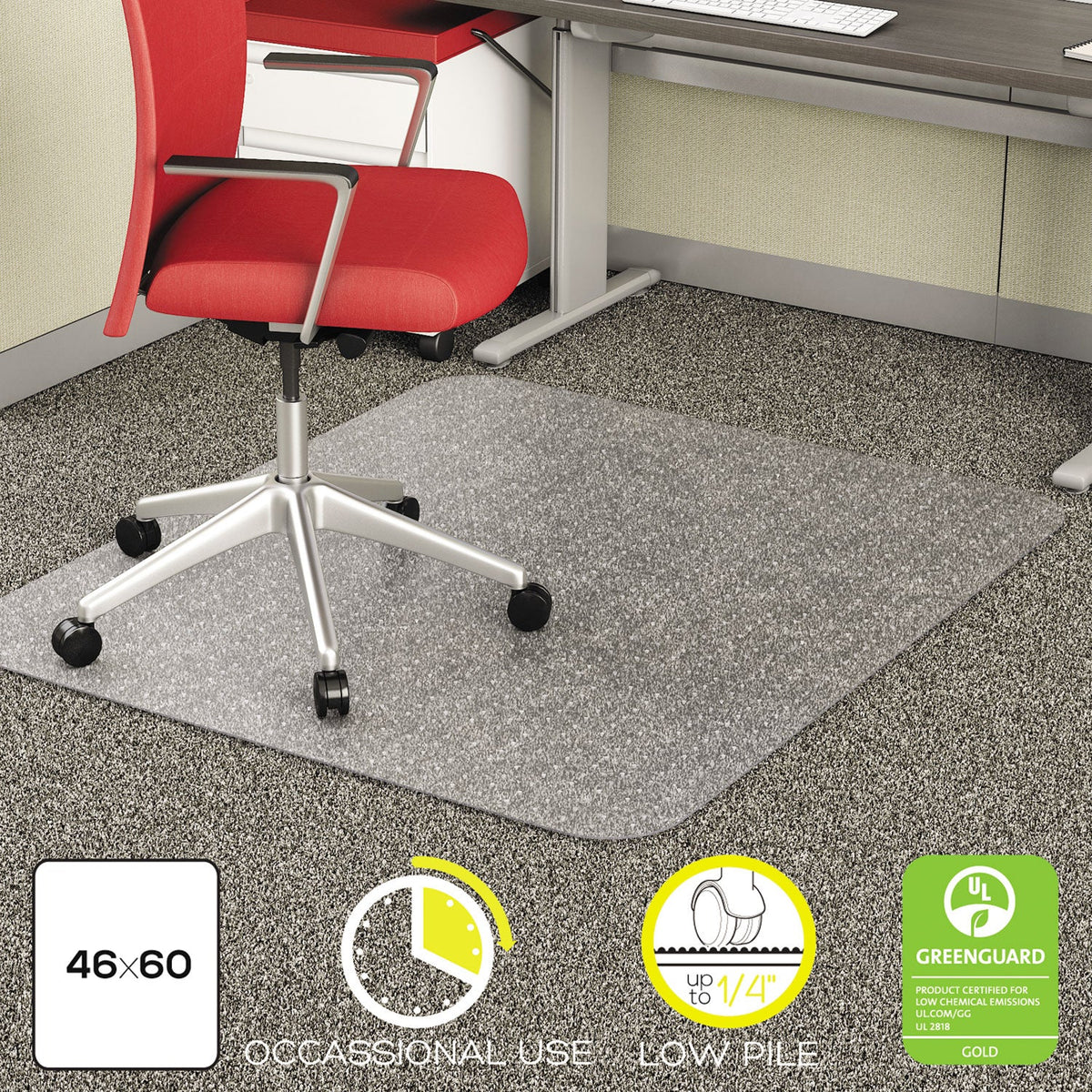 deflecto EconoMat Occasional Use Chair Mat, Low Pile Carpet, Flat, 46 x 60, Rectangle, Clear