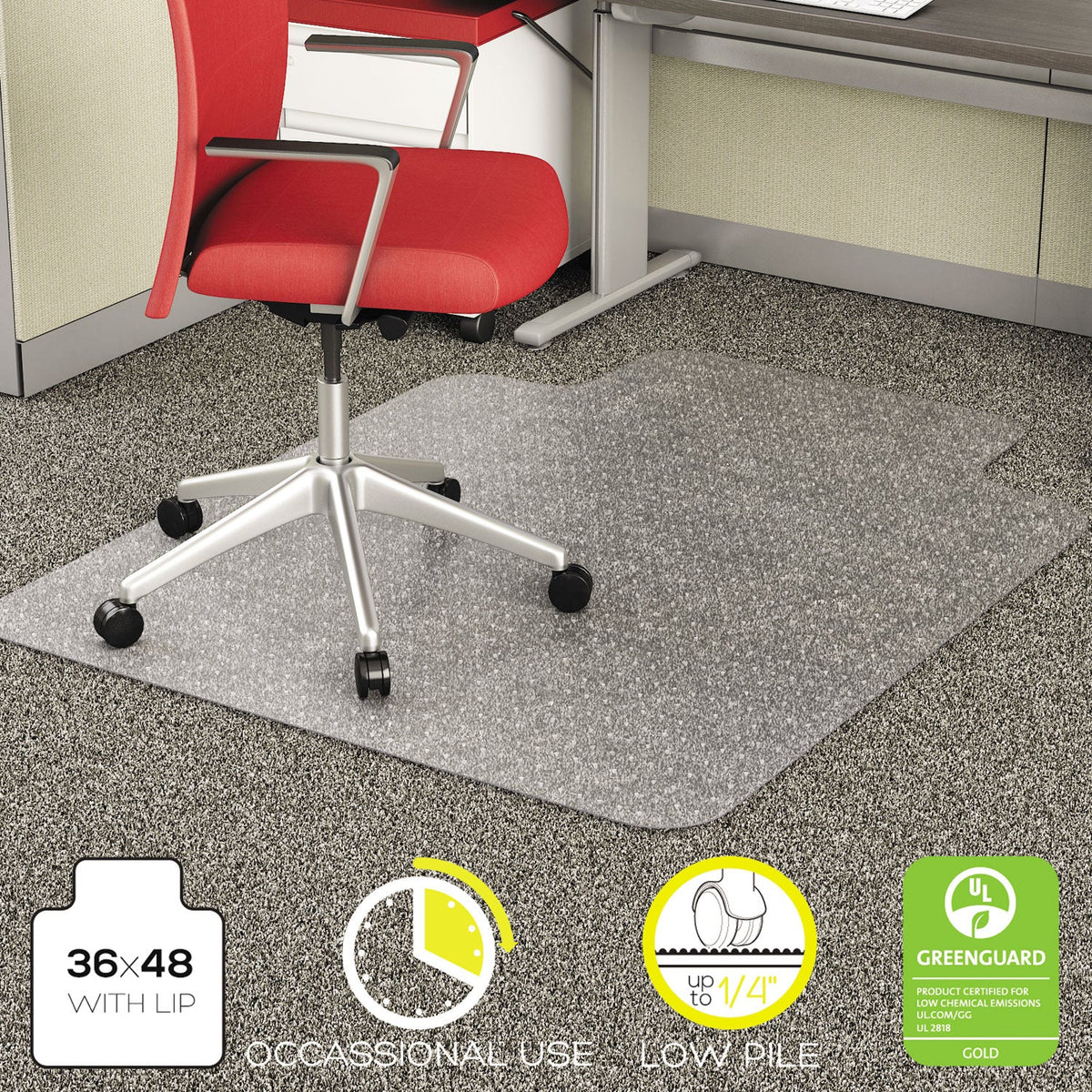 deflecto EconoMat Occasional Use Chair Mat, Low Pile Carpet, Flat, 36 x 48, Lipped, Clear
