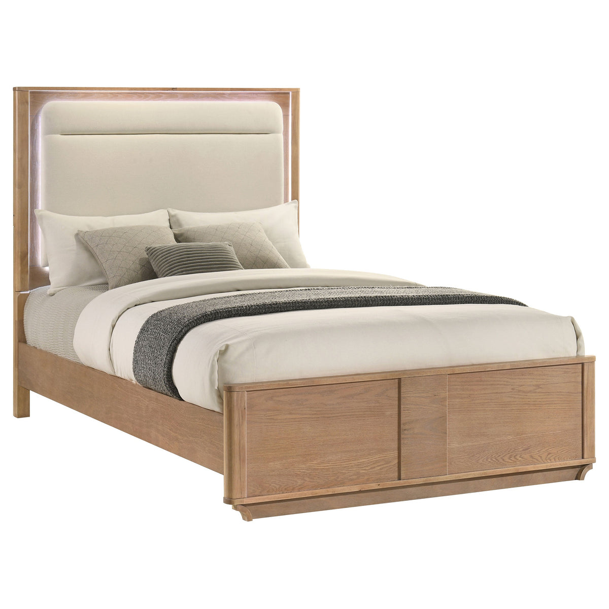 Leanne Queen LED Panel Bed Off White and Light Oak