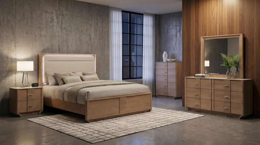 Leanne Queen LED Panel Bed Off White and Light Oak