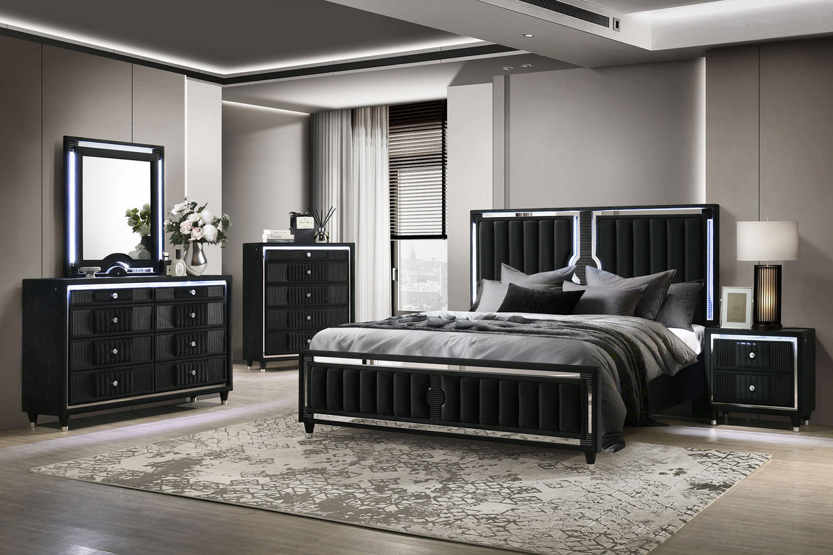 Ravenne Velvet Upholstered California King LED Panel Bed Black