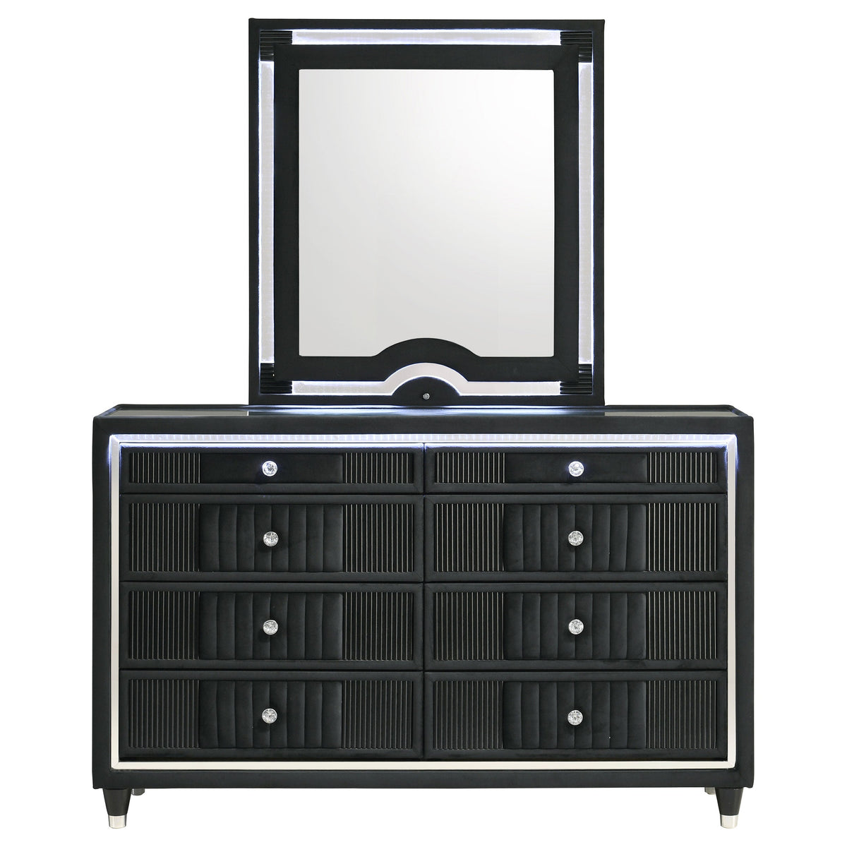 Ravenne 8-drawer Velvet Upholstered LED Dresser and Mirror Black