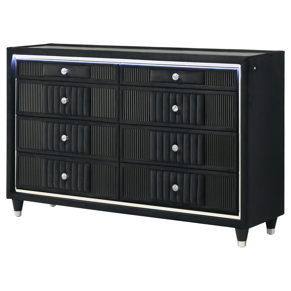 Ravenne 8-drawer Velvet Upholstered LED Dresser Cabinet Black