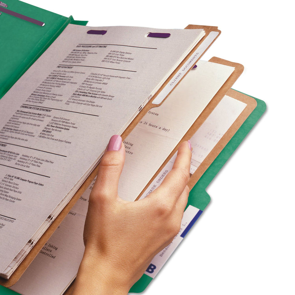 Smead Eight-Section Pressboard Top Tab Classification Folders with SafeSHIELD Fasteners, 3 Dividers, Legal Size, Green, 10/Box