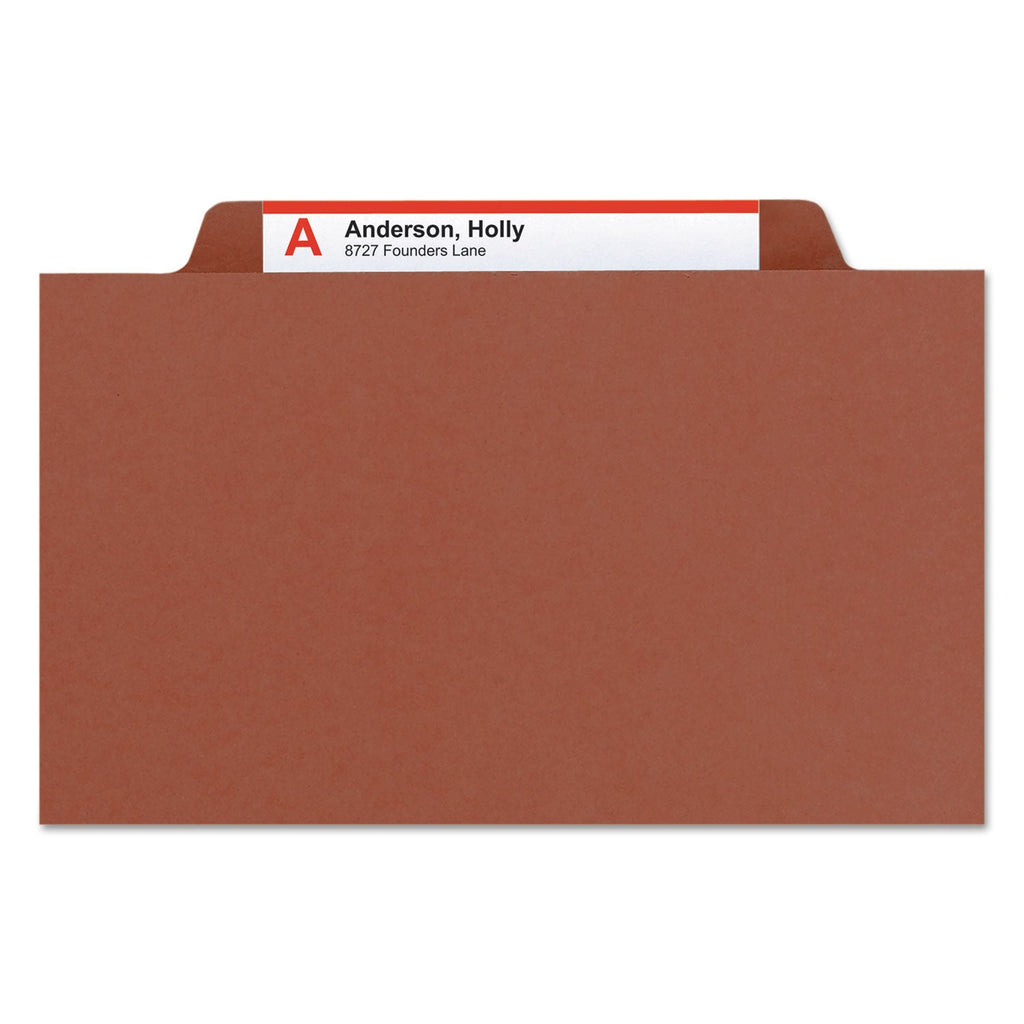 Smead Pressboard Classification Folders with SafeSHIELD Coated Fasteners, 2/5 Cut, 2 Dividers, Legal Size, Red, 10/Box