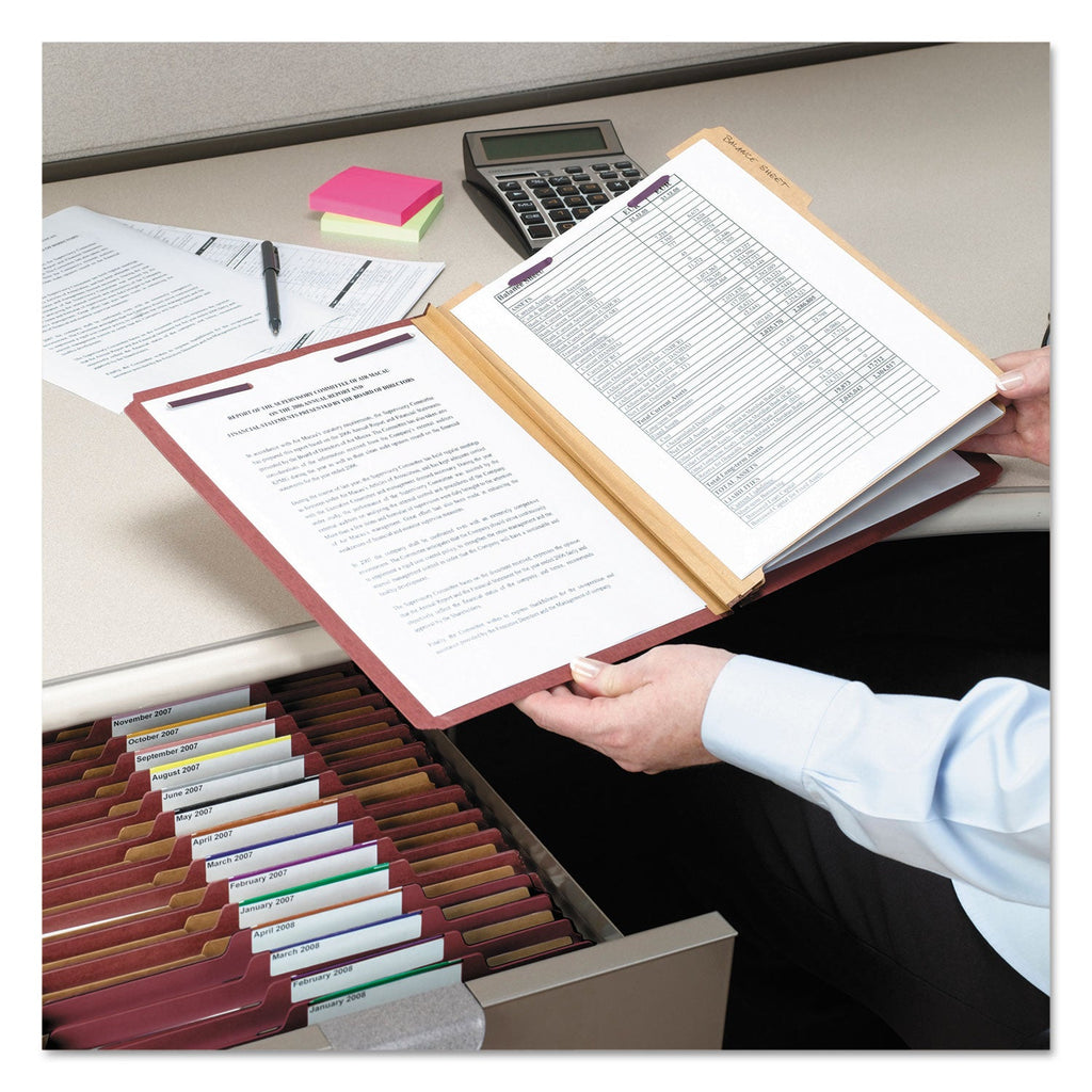 Smead Pressboard Classification Folders with SafeSHIELD Coated Fasteners, 2/5 Cut, 2 Dividers, Legal Size, Red, 10/Box