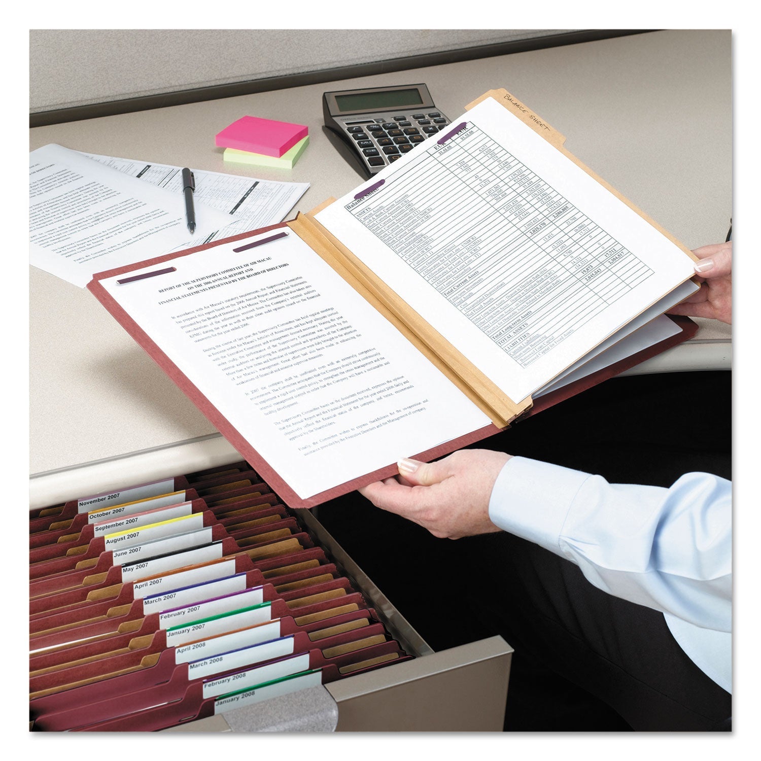 Smead Pressboard Classification Folders with SafeSHIELD Coated Fasteners, 2/5 Cut, 2 Dividers, Legal Size, Red, 10/Box