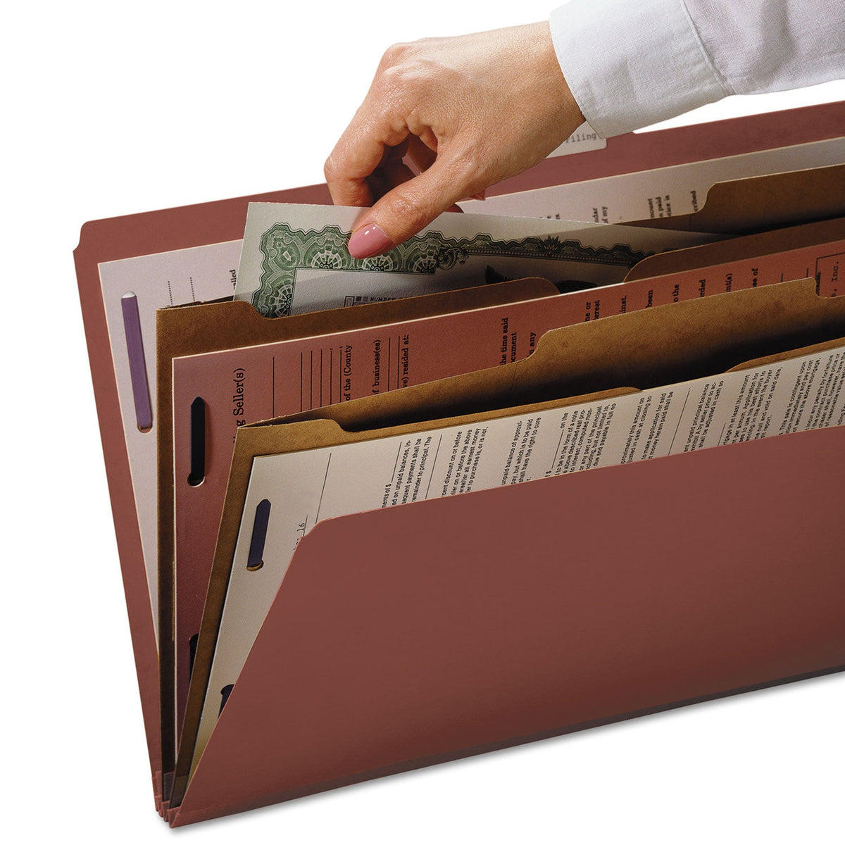 Smead 6-Section Pressboard Top Tab Pocket-Style Classification Folders with SafeSHIELD Fasteners, 2 Dividers, Legal, Red, 10/Box