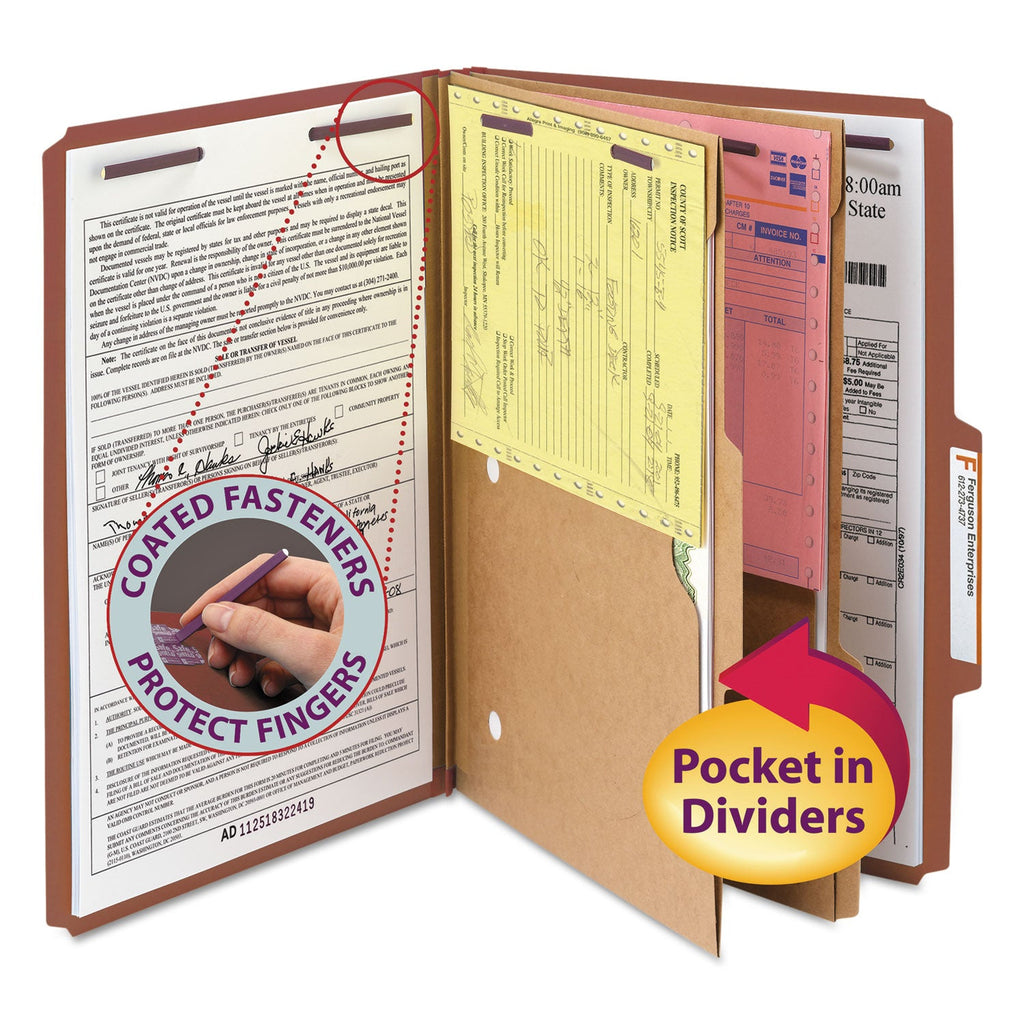 Smead 6-Section Pressboard Top Tab Pocket-Style Classification Folders with SafeSHIELD Fasteners, 2 Dividers, Legal, Red, 10/Box