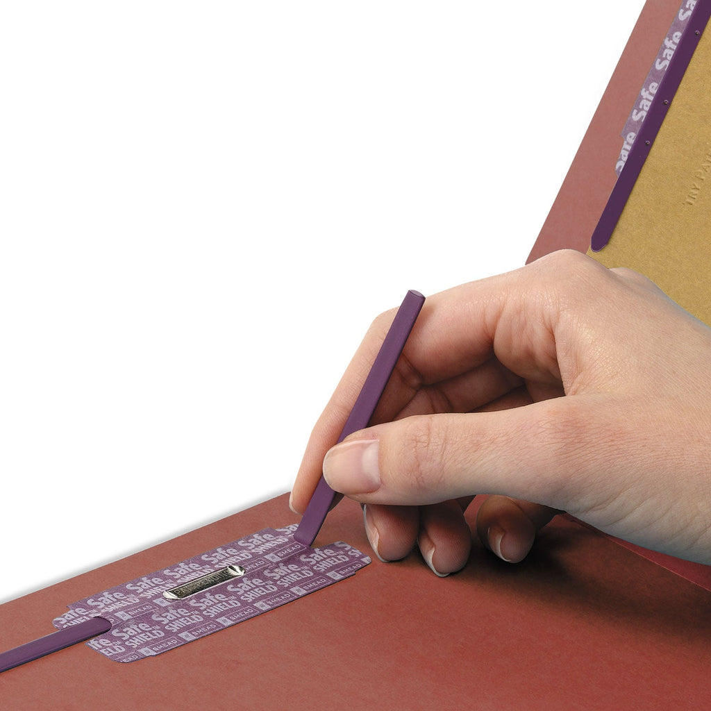 Smead Pressboard Classification Folders with SafeSHIELD Coated Fasteners, 1/3-Cut Metal Tab, 2 Dividers, Legal Size, Red, 10/Box