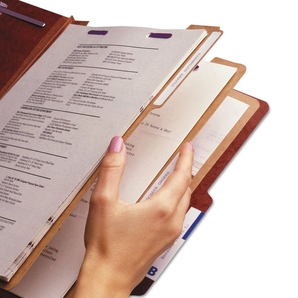 Smead Pressboard Classification Folders with SafeSHIELD Coated Fasteners, 2/5 Cut, 3 Dividers, Legal Size, Red, 10/Box